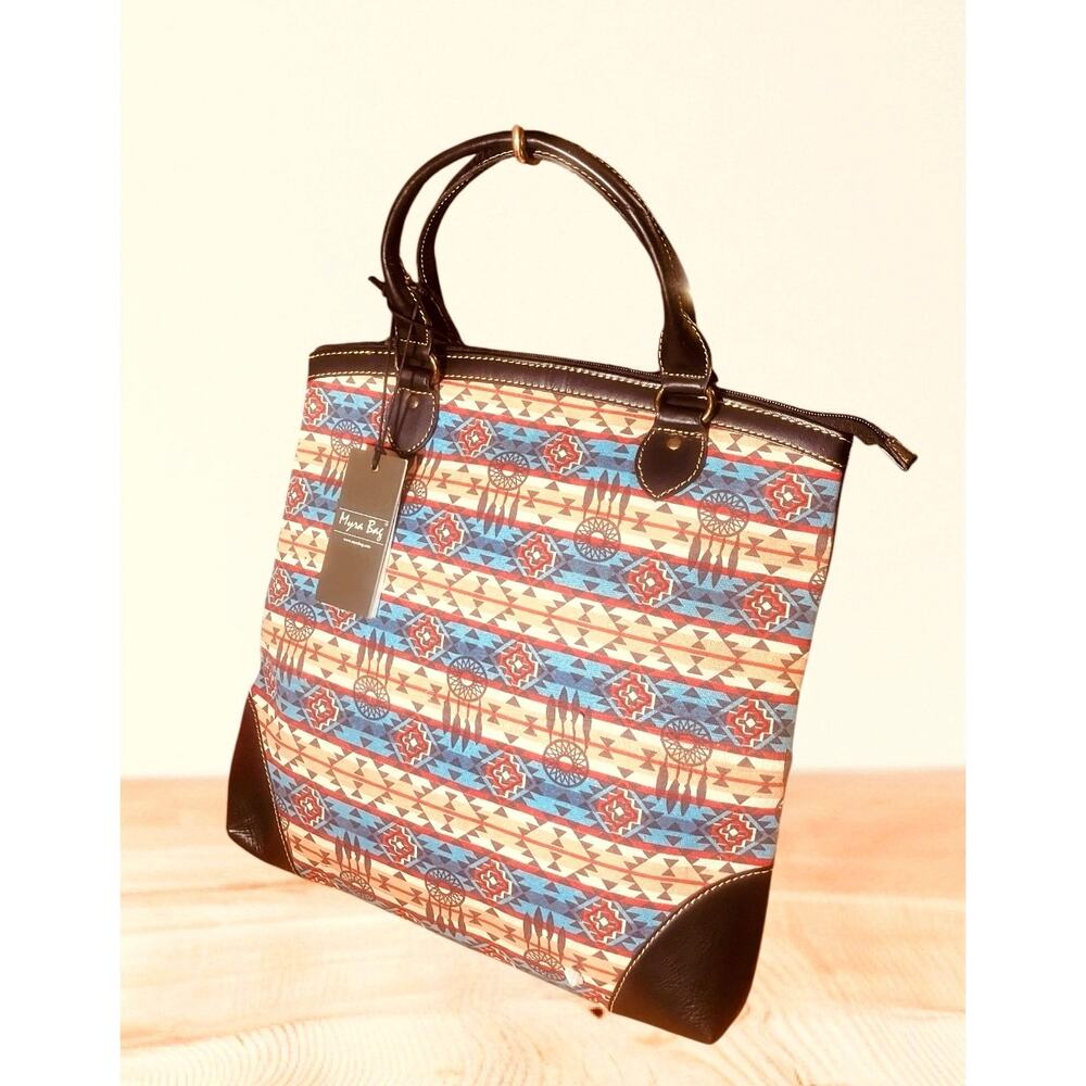 Myra Bag Fountain Trail Duo Aztec Canvas & Leather Tote Bag